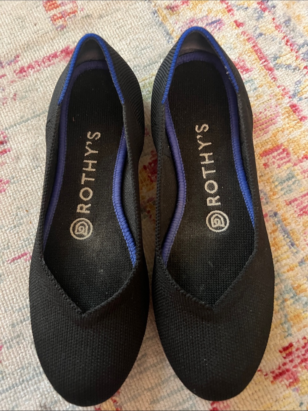 Rothy's Black Knit Pointed Slip-On Flats with Blue Trim